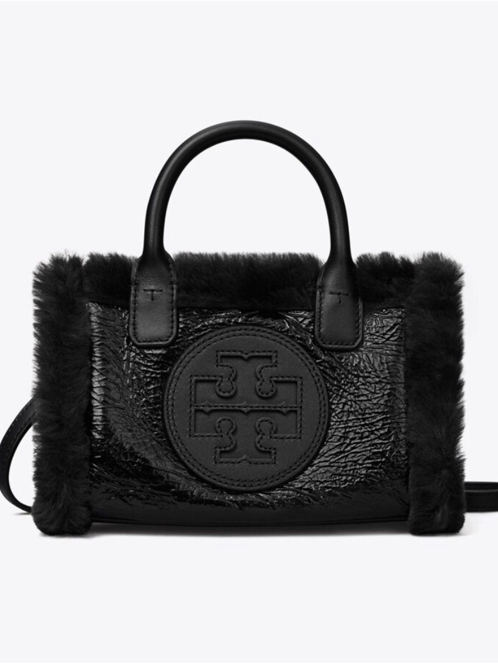 Tory Burch Black MINI ELLA PATENT SHEARLING TOTE NWT